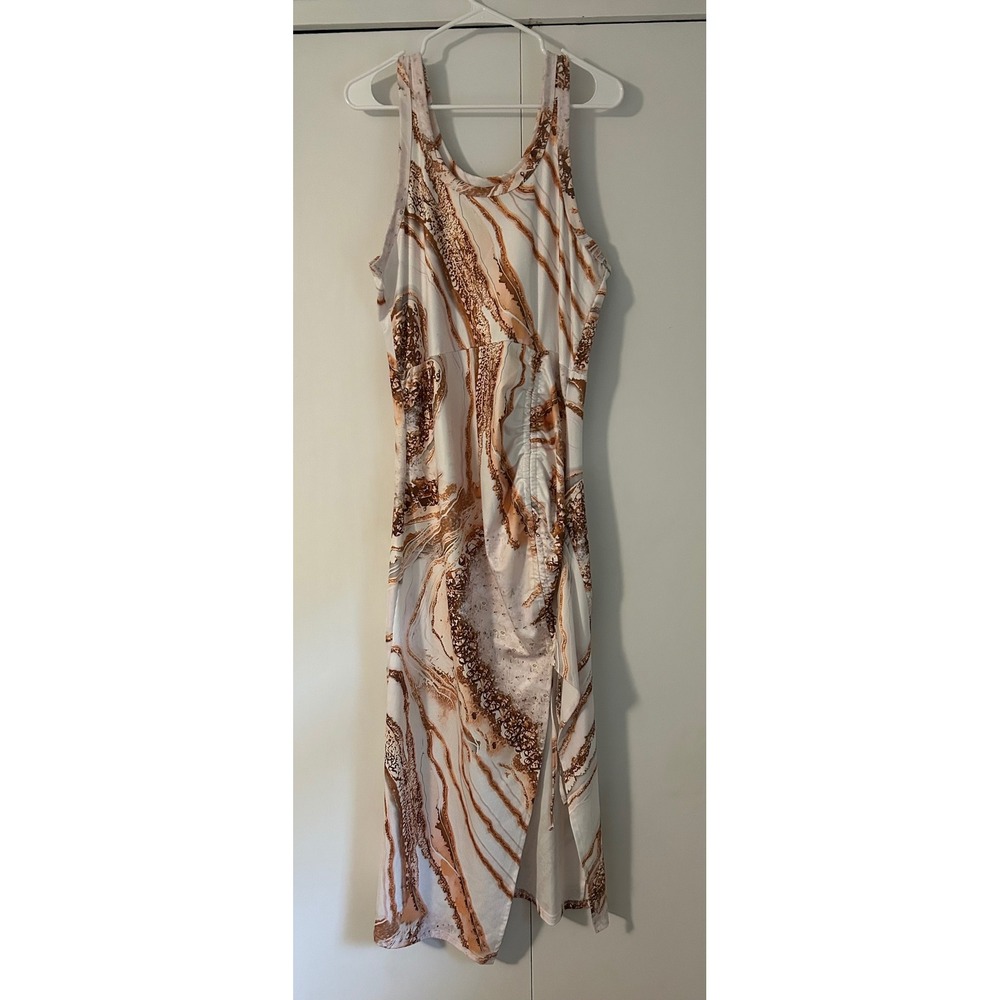 ChicMe Women XXL Brown White Abstract Marble Print Ribbed Ruched Midi Dress Slit